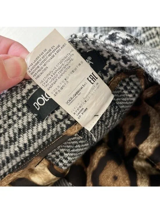 DOLCE & GABBANA Flared Glen Plaid Pants Wool Houndstooth Wide Leg Pants Logo D&G